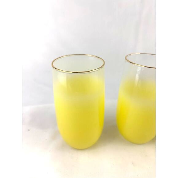 Mid Century Vintage Blendo Yellow Frosted Glass Cocktail Set of 4 Gold Rim 1950s - Picture 9 of 16